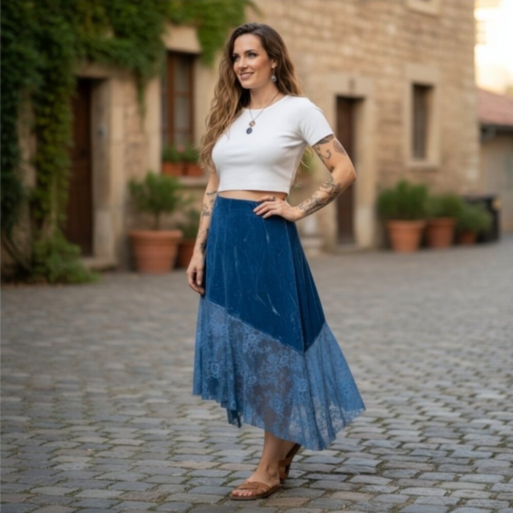Free People ✦ Blue Velvet Skirt ✦ Sheer Lace Hem Asymmetrical Cut Silky Lined 4